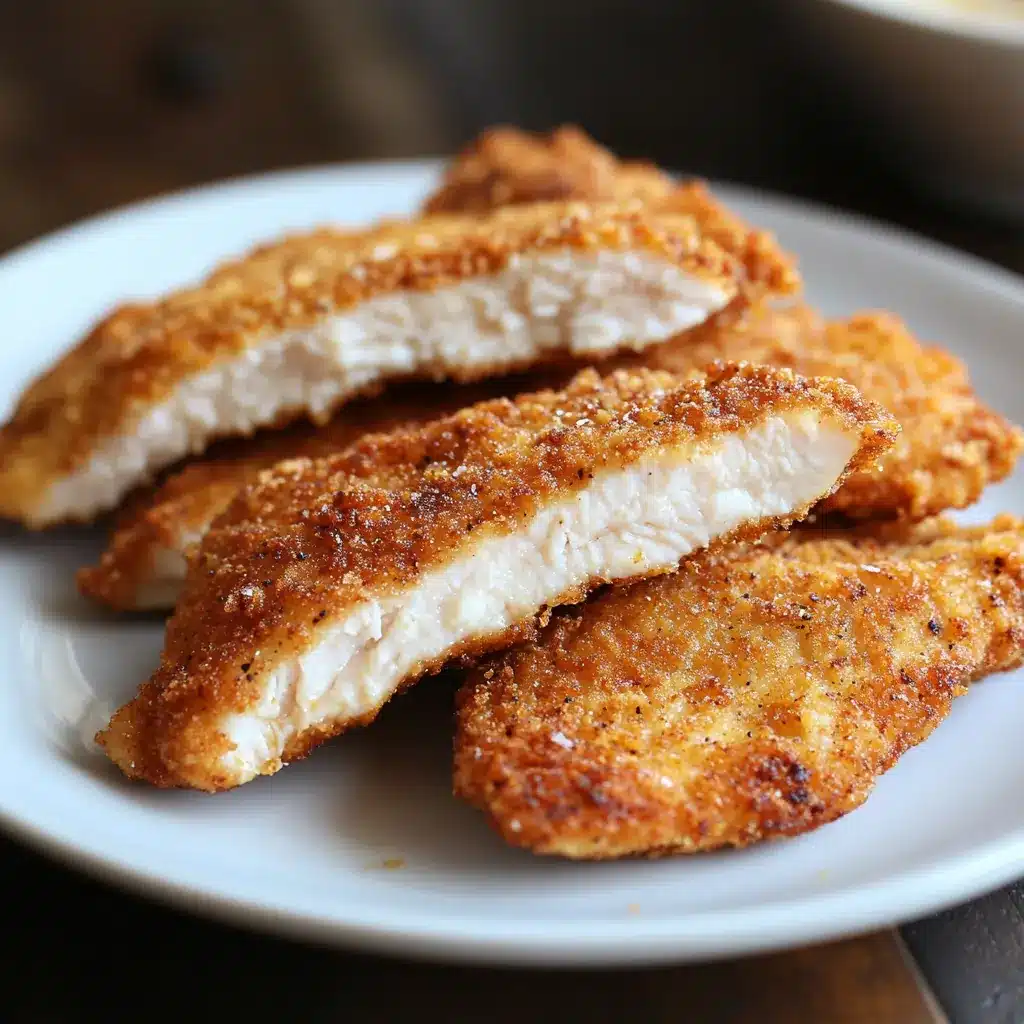 Golden brown boneless chicken breast fried and sliced on a white plate