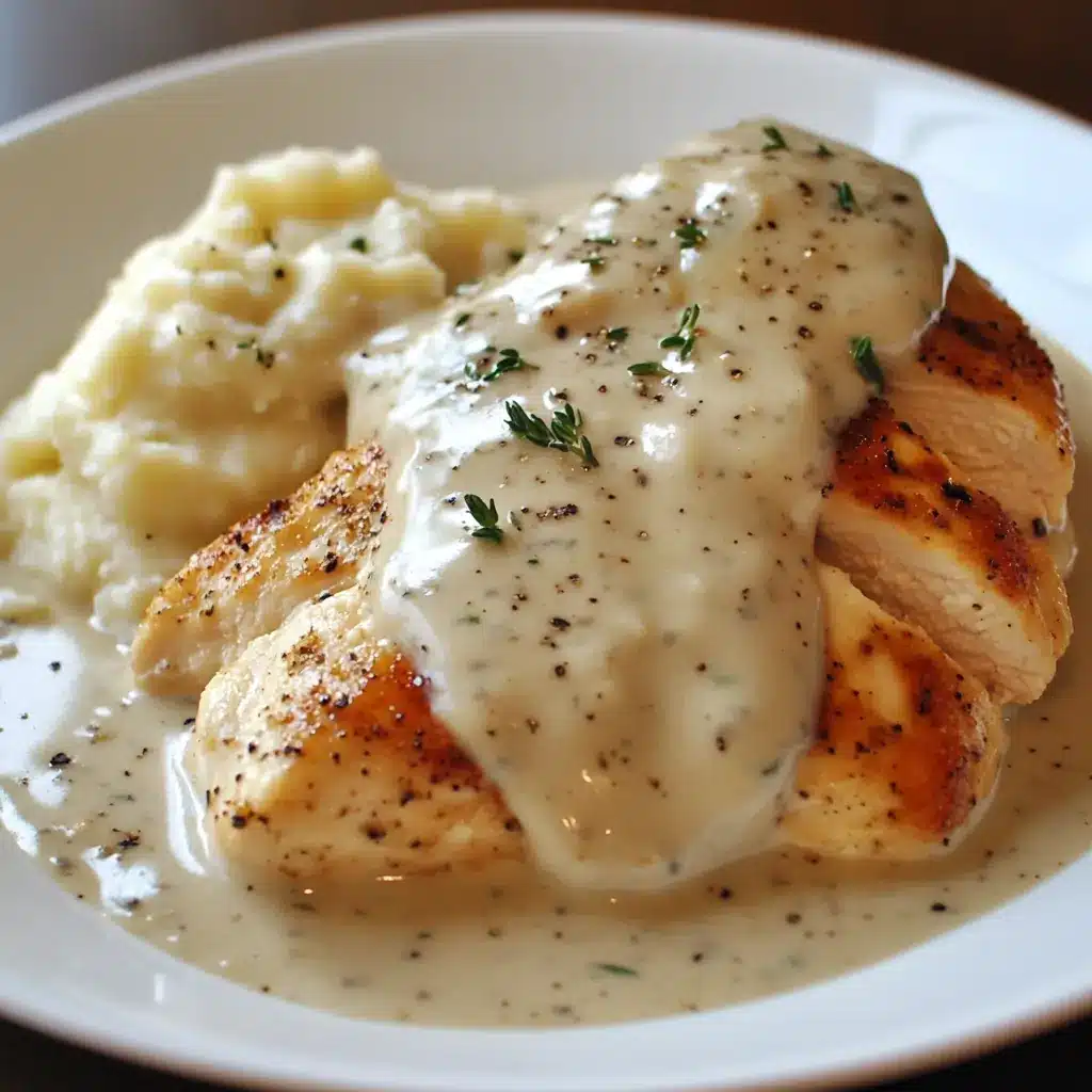 Boneless chicken breast with creamy gravy served with mashed potatoes on a white plate