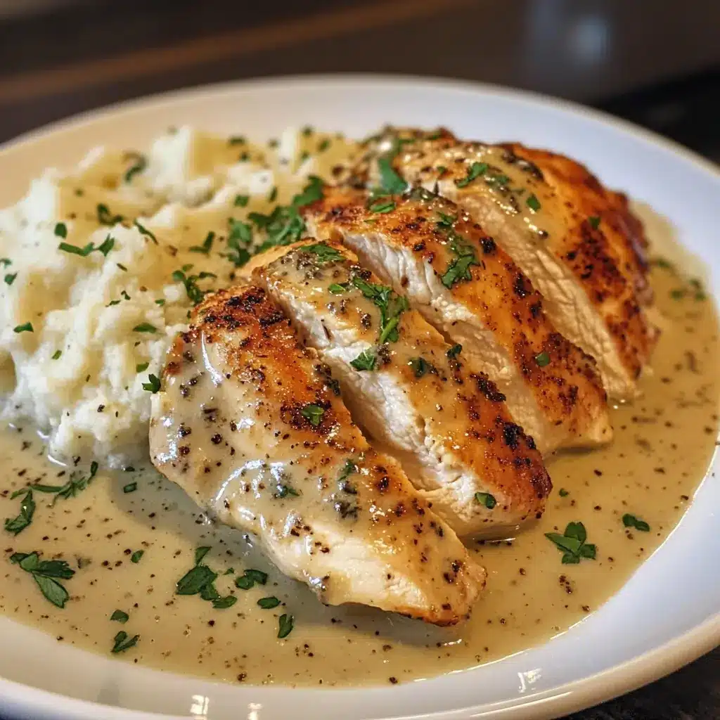 Boneless chicken breast with gravy recipes served with mashed potatoes and fresh herbs on a white plate.