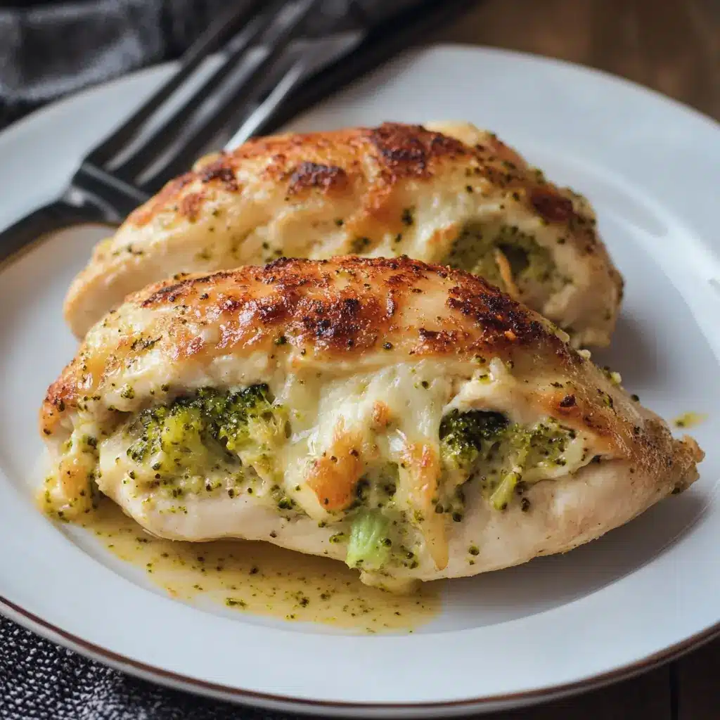 Close-up of broccoli cheese stuffed chicken breast recipe on a white plate