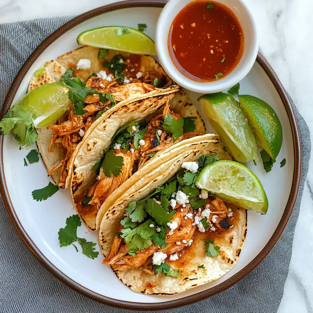 Three chicken birria tacos on a white plate with fresh cilantro, lime wedges, and adobo dipping sauce.