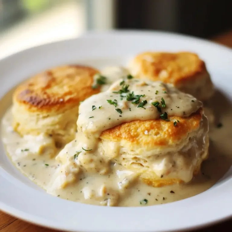 Chicken biscuits and gravy recipe easy served on a white plate with creamy gravy and parsley garnish