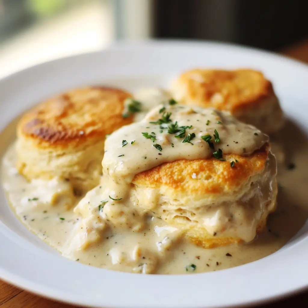 Chicken biscuits and gravy recipe easy served on a white plate with creamy gravy and parsley garnish