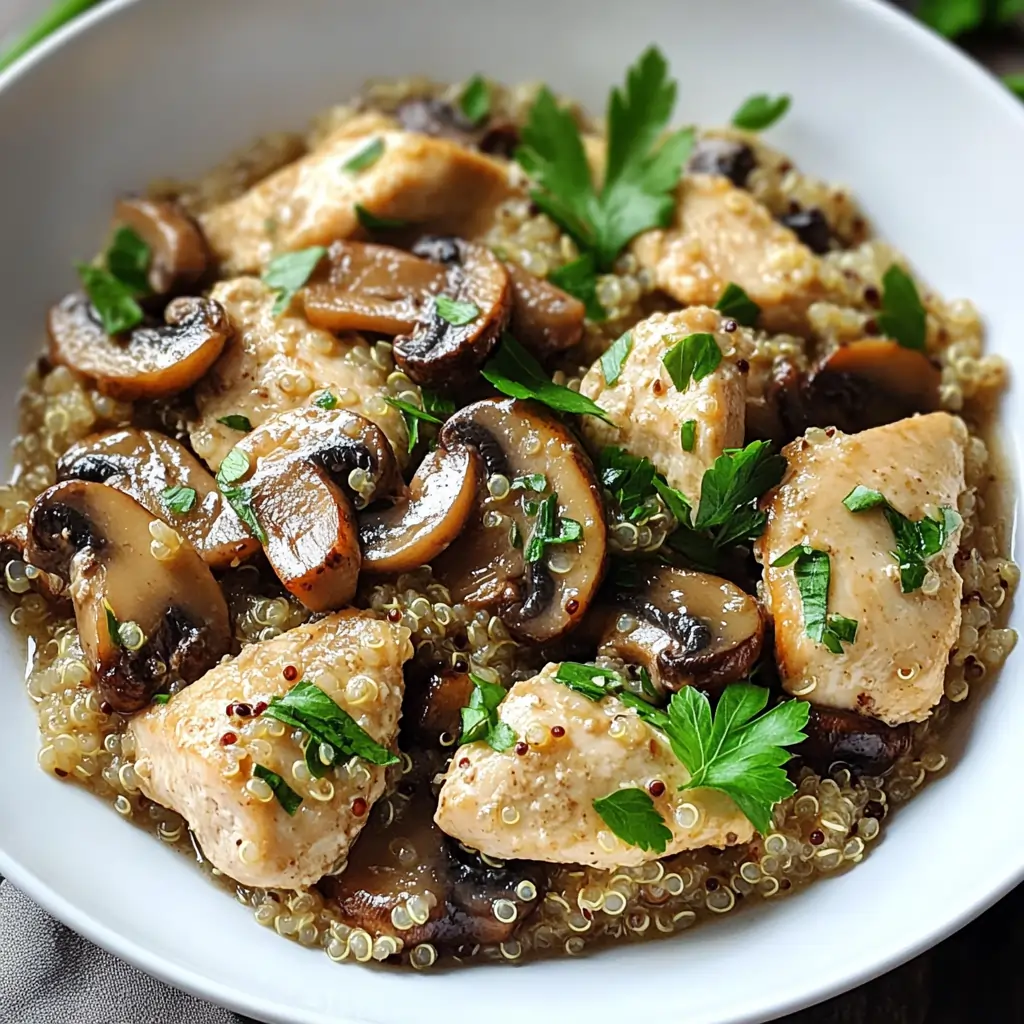 Chicken breast and leftover quinoa cream of mushroom soup recipe served in a white bowl with mushrooms and parsley