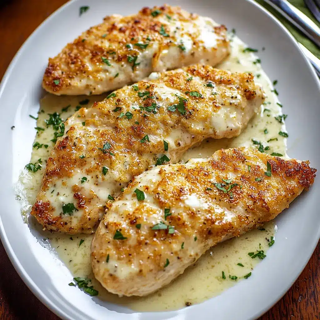 Golden-baked chicken breasts topped with a creamy mayonnaise and parmesan cheese crust, garnished with parsley