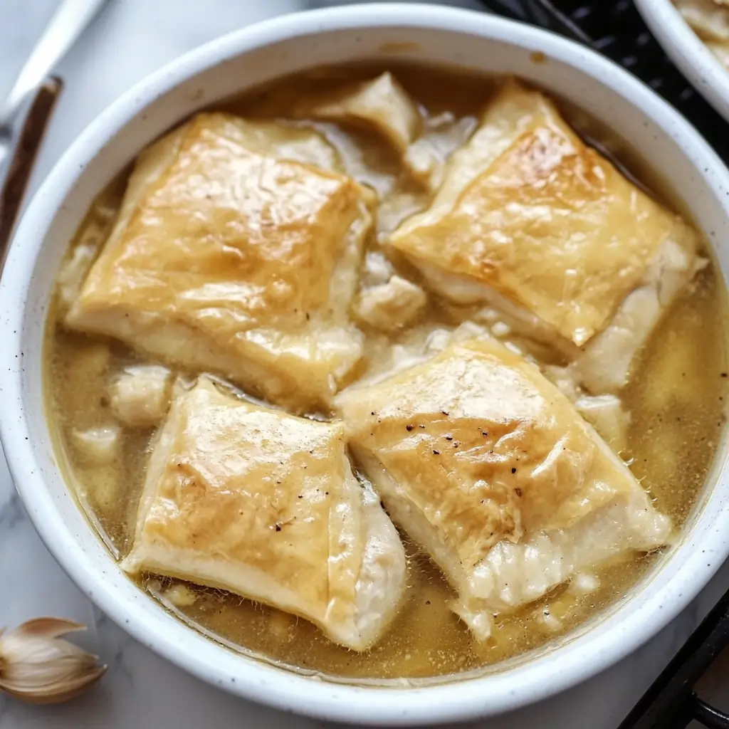 Bowl of chicken pastry with golden dumplings in savory broth – chicken pastry recipe easy