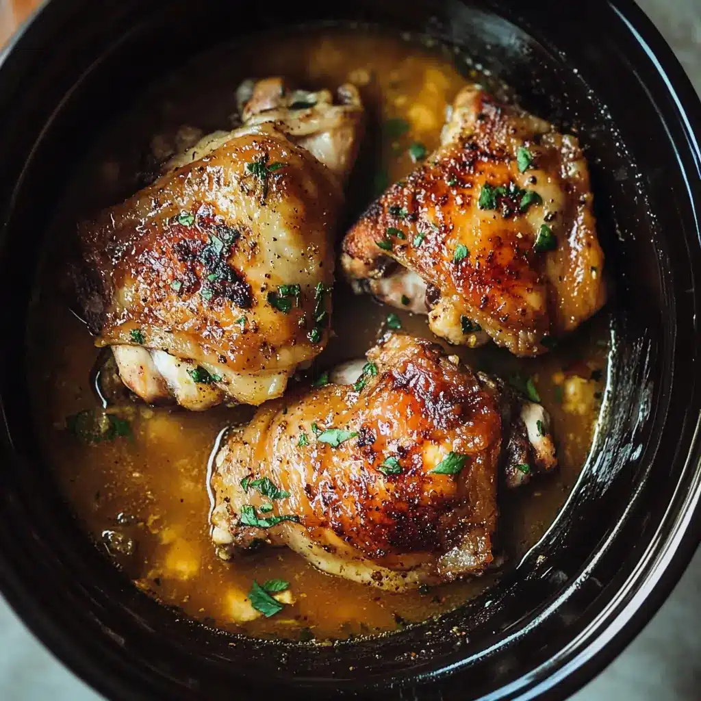 Chicken thigh crockpot recipe easy – slow-cooked chicken thighs in a savory garlic-soy sauce, garnished with fresh parsley
