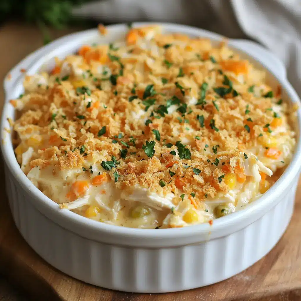 Easy canned chicken casserole recipe topped with golden buttery crackers and parsley, served hot in a white baking dish.