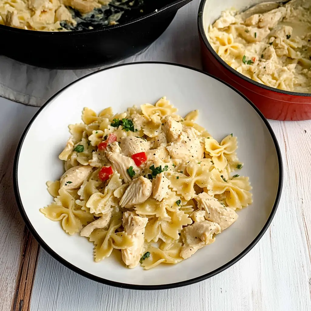 A bowl of creamy chicken and bow tie pasta garnished with parsley, perfect for easy chicken and bow tie pasta recipes.