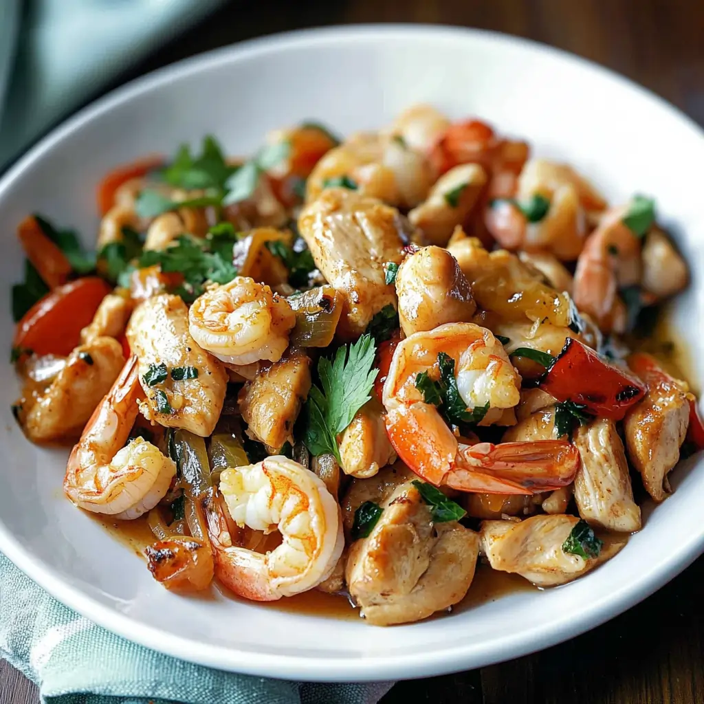 Close-up of easy chicken and shrimp recipes stir-fry with colorful vegetables and fresh herbs.