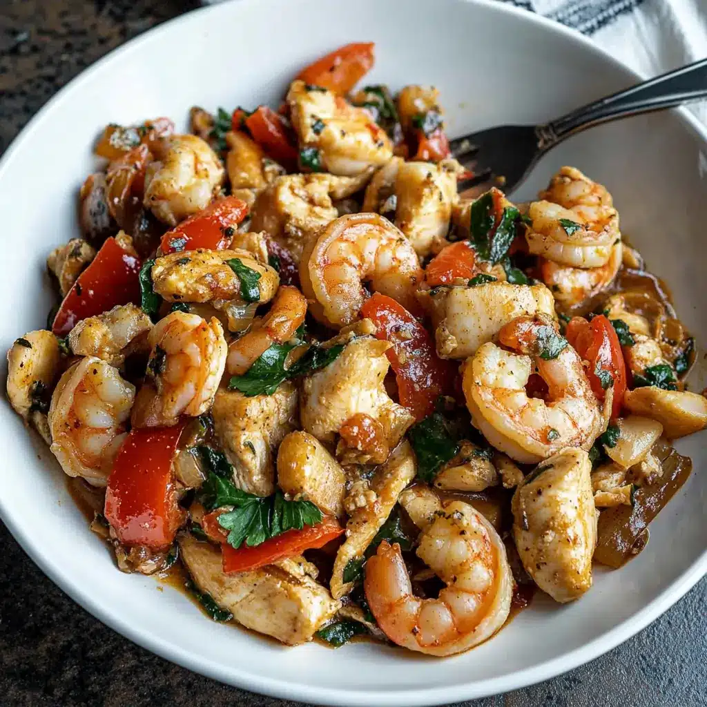 Bowl of easy chicken and shrimp recipes​ stir-fry with bell peppers, spinach, and tender shrimp.