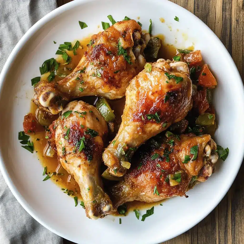 Four juicy chicken drumsticks served on a white plate with herbs and slow-cooked vegetables – perfect for easy chicken leg crockpot recipes.