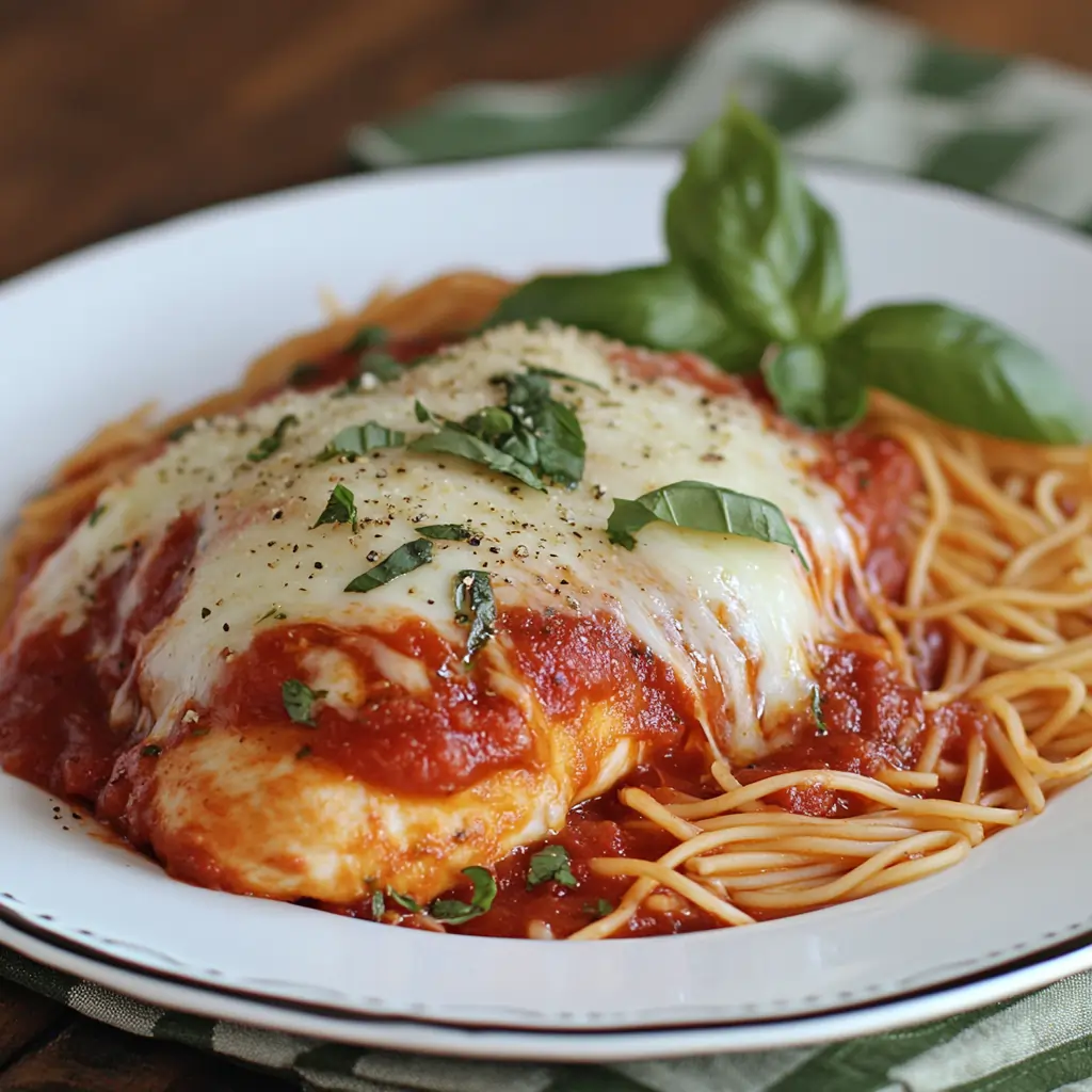 Close-up of easy chicken parmesan recipe without breadcrumbs topped with melted cheese and basil, served on a bed of spaghetti