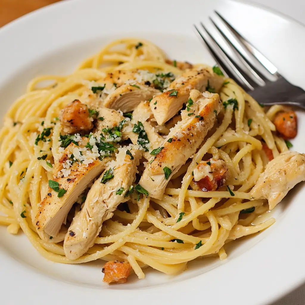 Easy chicken pasta recipe no cream with seared chicken breast and spaghetti in garlic butter sauce