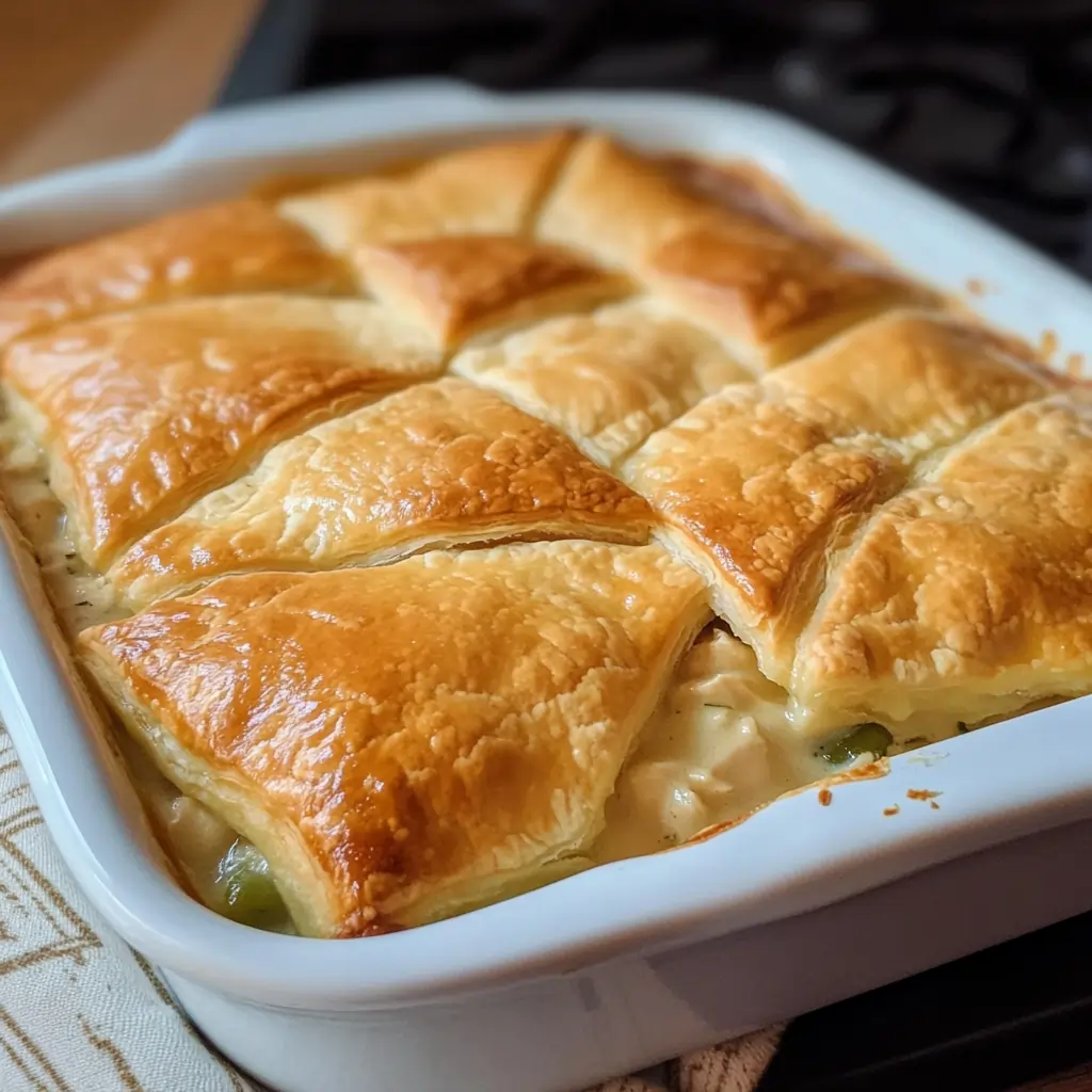 Golden baked top of an easy chicken pot pie recipe with crescent rolls in a white casserole dish.