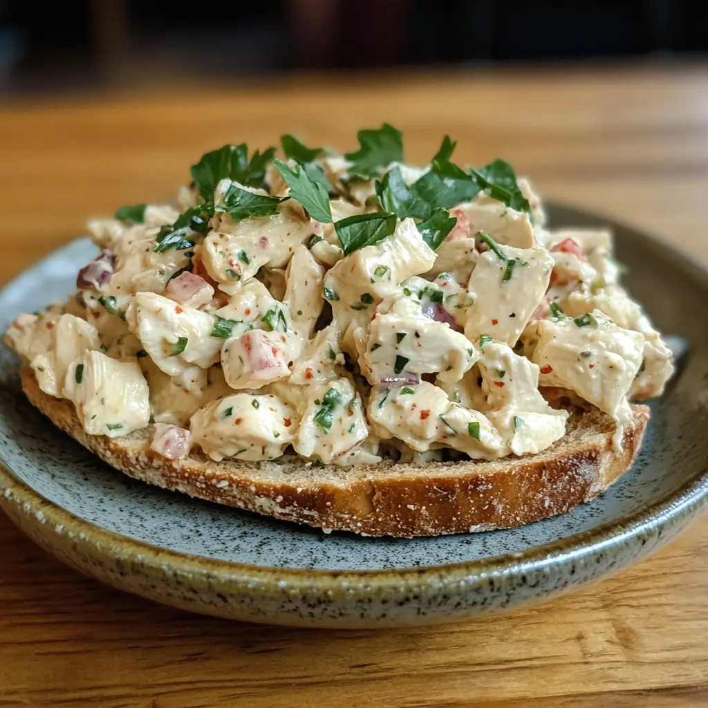 Open-faced sandwich with creamy chicken salad on toasted bread, garnished with parsley – part of an easy chicken salad recipe no celery.