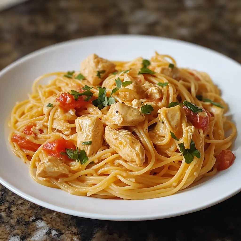 Plate of creamy easy chicken spaghetti recipe with Rotel, garnished with fresh parsley.