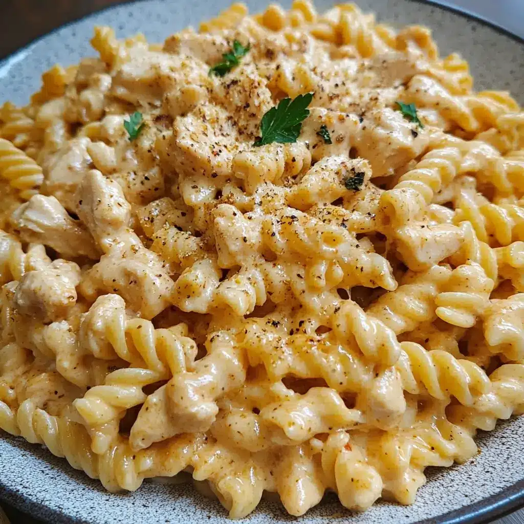 Creamy rotini pasta with chicken in a rich sauce, part of easy crockpot chicken pasta recipes
