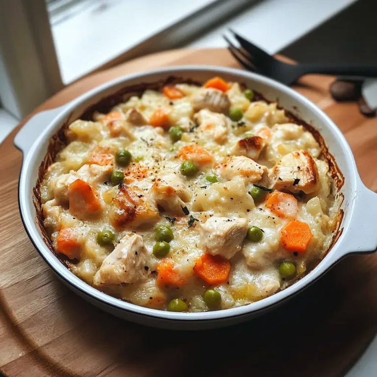 A baked easy dairy free chicken casserole in a white ceramic dish, filled with tender chicken, peas, carrots, and creamy rice.