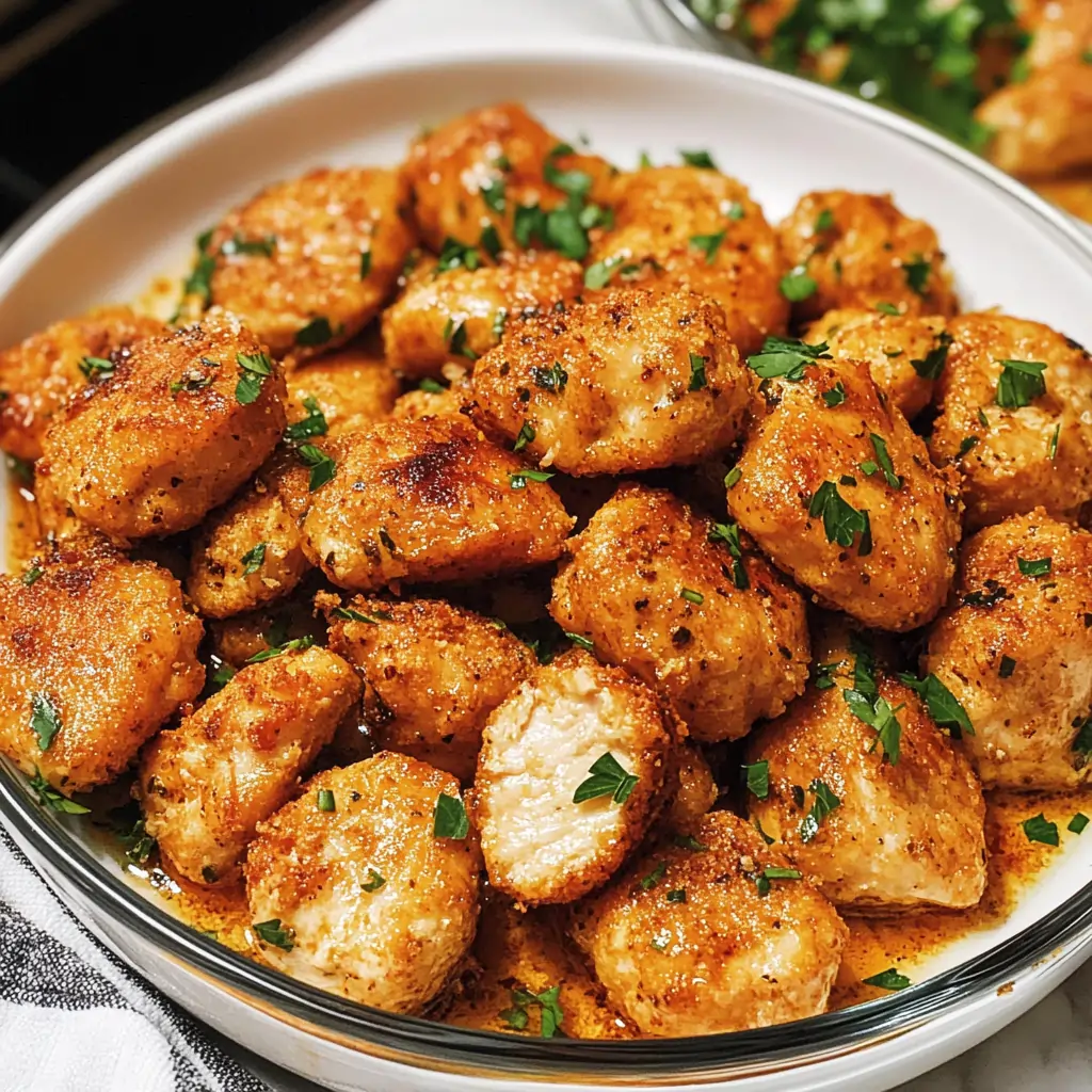 Close-up of easy family recipes baked chicken bites, golden and crispy, garnished with fresh parsley