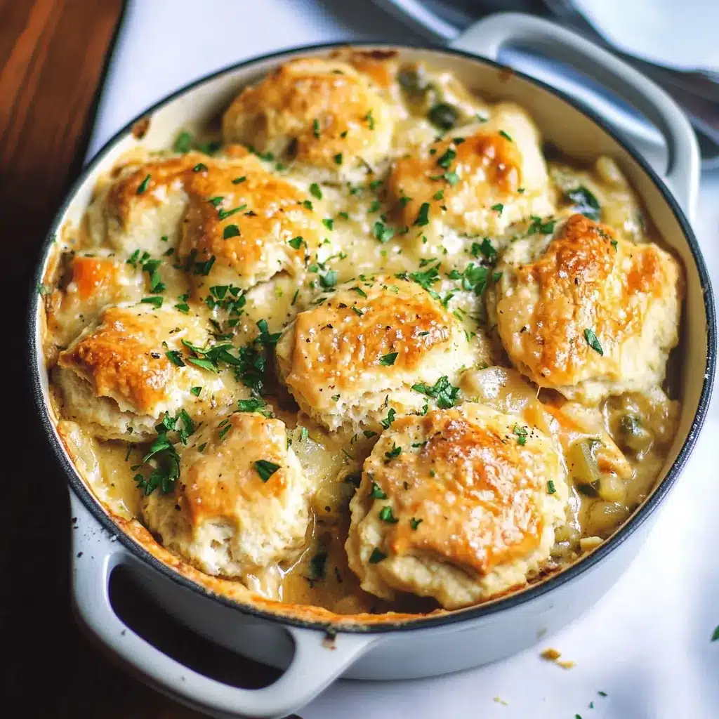 Golden cheddar bay biscuits baked over creamy chicken pot pie filling in a white Dutch oven – easy family recipes cheddar bay biscuit chicken pot pie