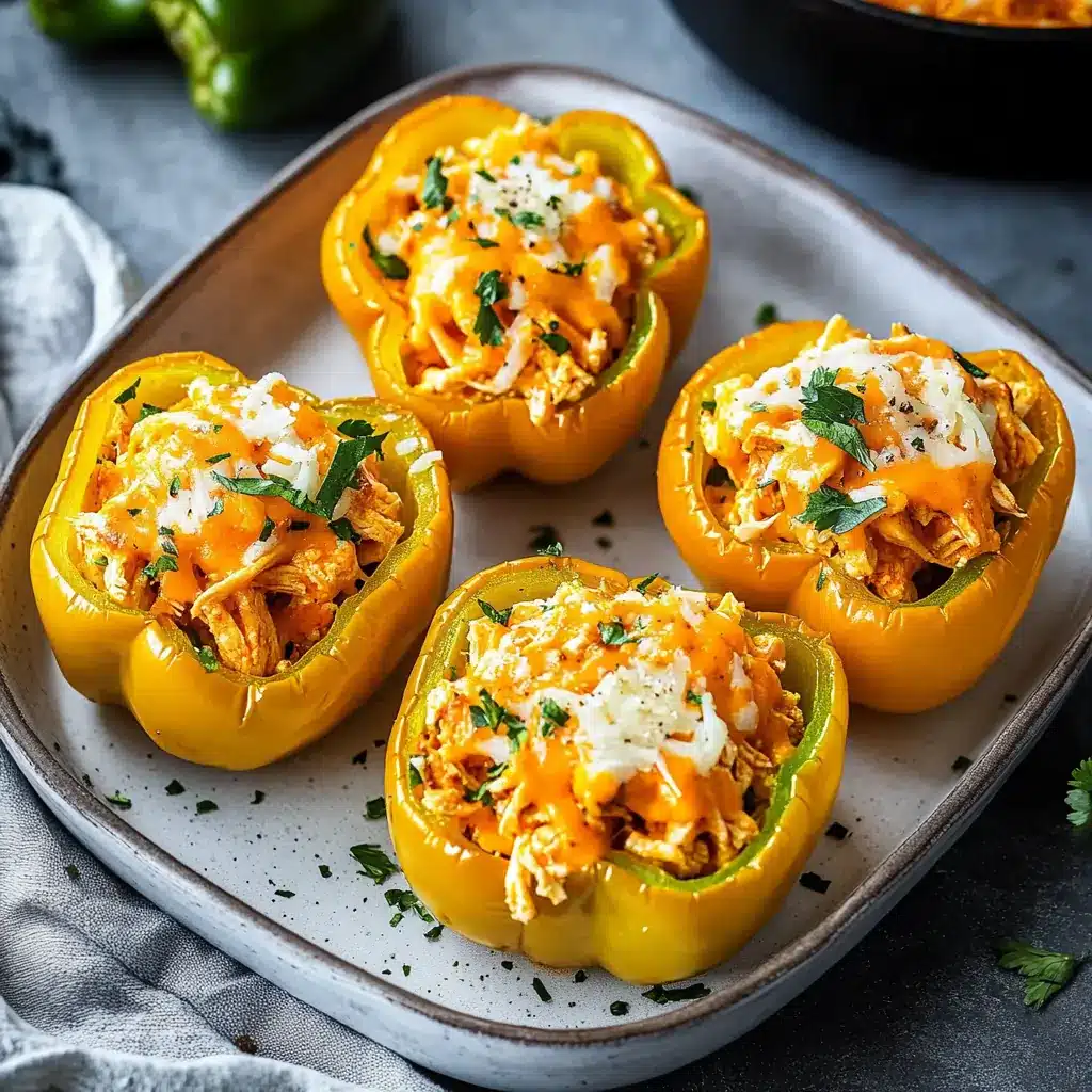 Four yellow bell peppers stuffed with shredded buffalo chicken and melted cheese, garnished with parsley, served on a ceramic plate.