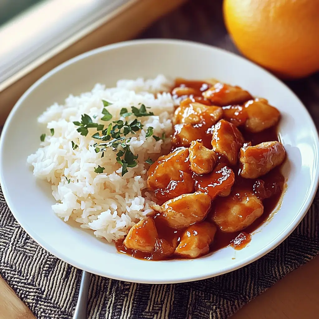 A plate of easy orange chicken recipe with orange marmalade served with white rice and garnished with fresh herbs.