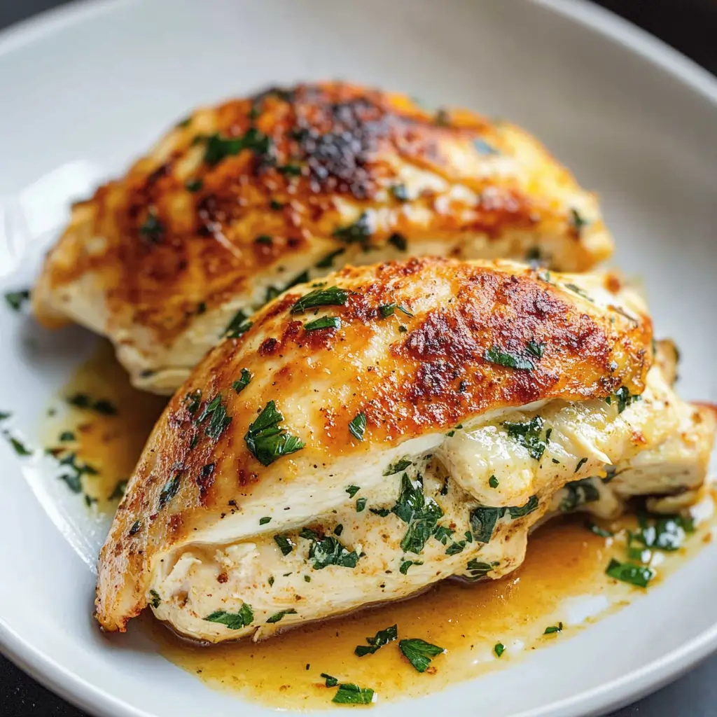 Close-up of keto stuffed chicken breast filled with spinach and cheese, seared to a golden crust and served with fresh herbs.