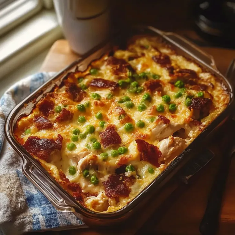 Golden-baked rotisserie chicken casserole topped with crispy bacon and green peas in a glass baking dish.