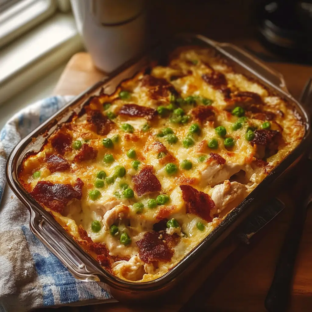 Golden-baked rotisserie chicken casserole topped with crispy bacon and green peas in a glass baking dish.