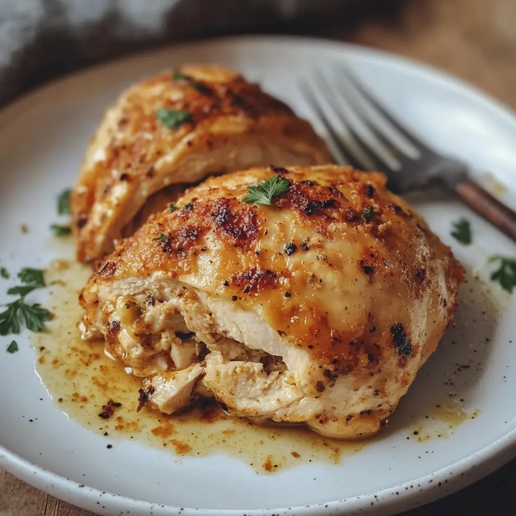 Close-up of Ruth Chris stuffed chicken breast recipe served on a plate, showing juicy chicken filled with creamy cheese and herbs.