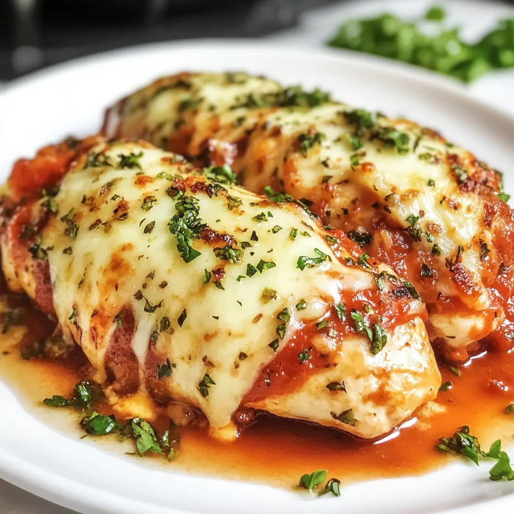 Juicy stuffed chicken breasts topped with melted mozzarella cheese and tomato sauce on a white plate.