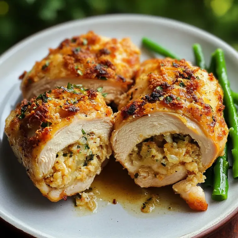 Close-up of stuffing stuffed boneless skinless chicken breast sliced open to reveal cheesy herb stuffing, served with green beans on a white plate.