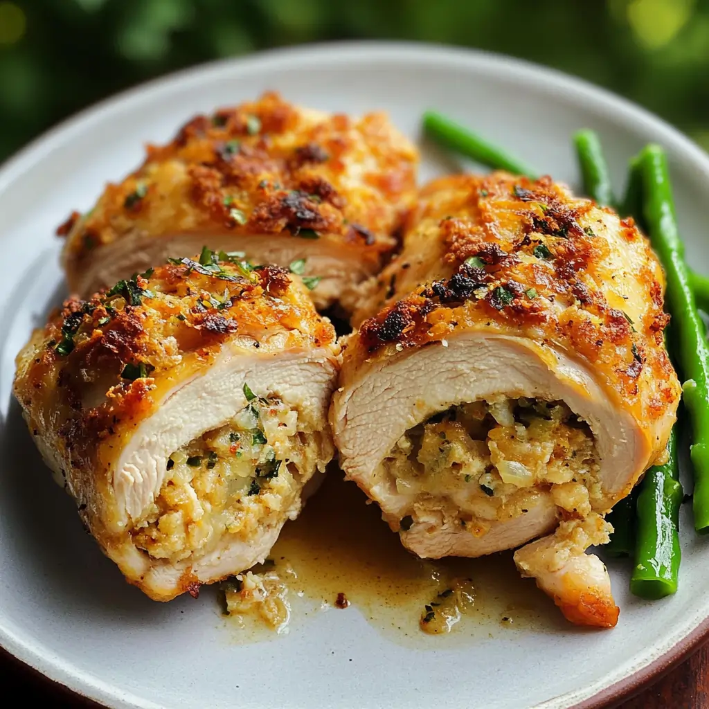 Close-up of stuffing stuffed boneless skinless chicken breast sliced open to reveal cheesy herb stuffing, served with green beans on a white plate.