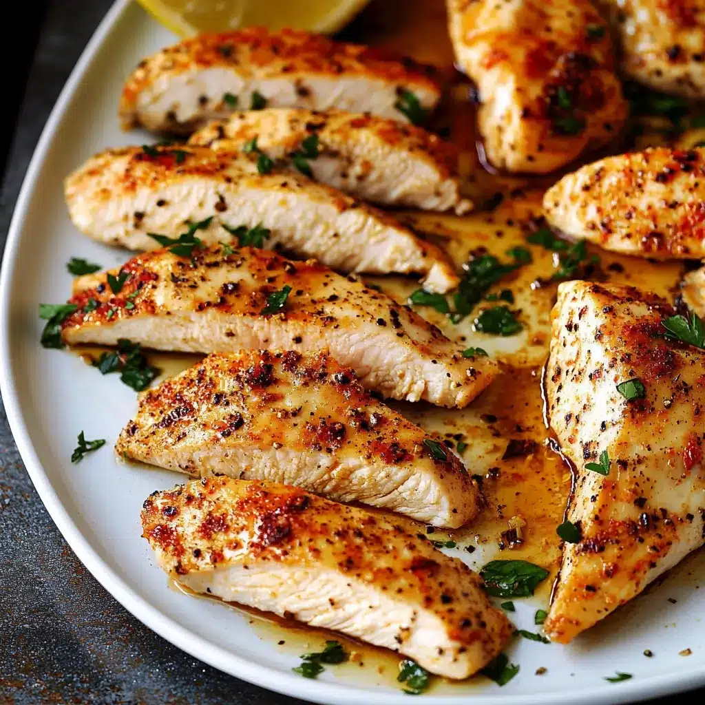 Sliced thin boneless chicken breasts cooked in garlic, lemon, and herbs, served on a white plate with fresh parsley garnish.