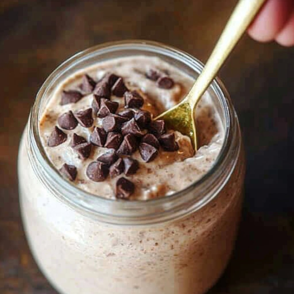 Blended cookie dough overnight oats with chocolate chip topping