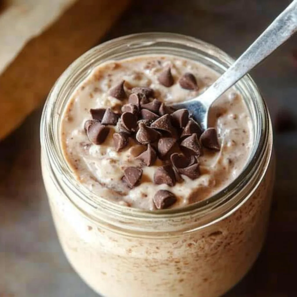 Blended cookie dough overnight oats topped with chocolate chips