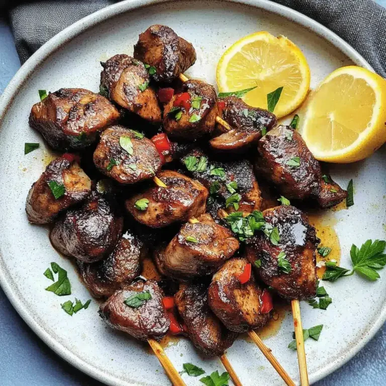 Grilled chicken liver skewers garnished with parsley and lemon slices on a white plate – chicken liver recipes easy