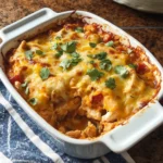 King Ranch Chicken Recipe easy and Perfect for Busy Nights 4 Cheesy king ranch chicken casserole fresh out of the oven in a white baking dish, topped with melted cheese and cilantro.