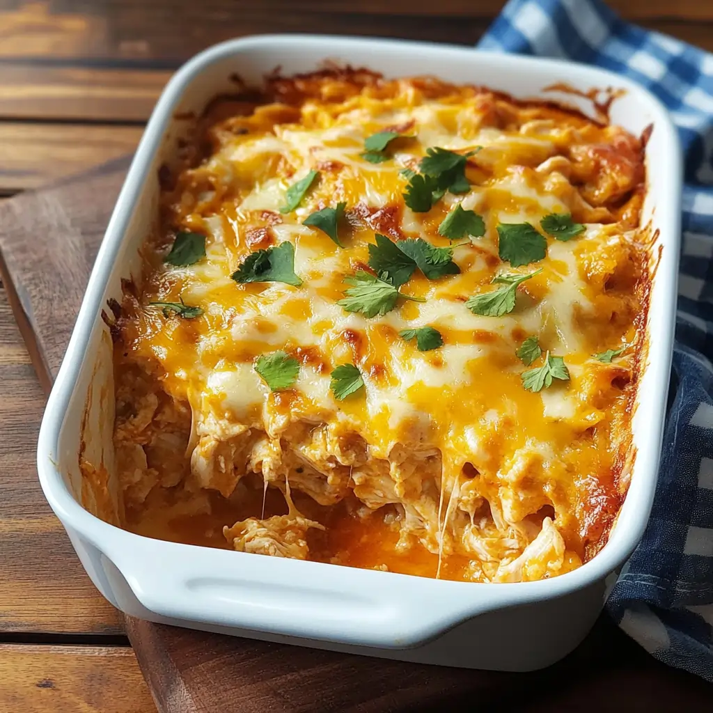 King Ranch Chicken Recipe easy and Perfect for Busy Nights 3 Freshly baked king ranch chicken recipe easy in a white dish, topped with golden melted cheese and cilantro.