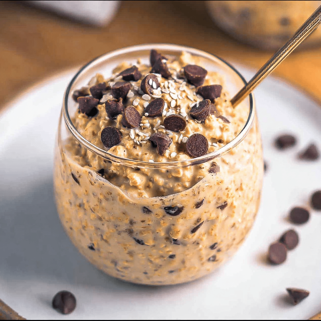 Thick cookie dough overnight oats protein with chocolate chips and seeds
