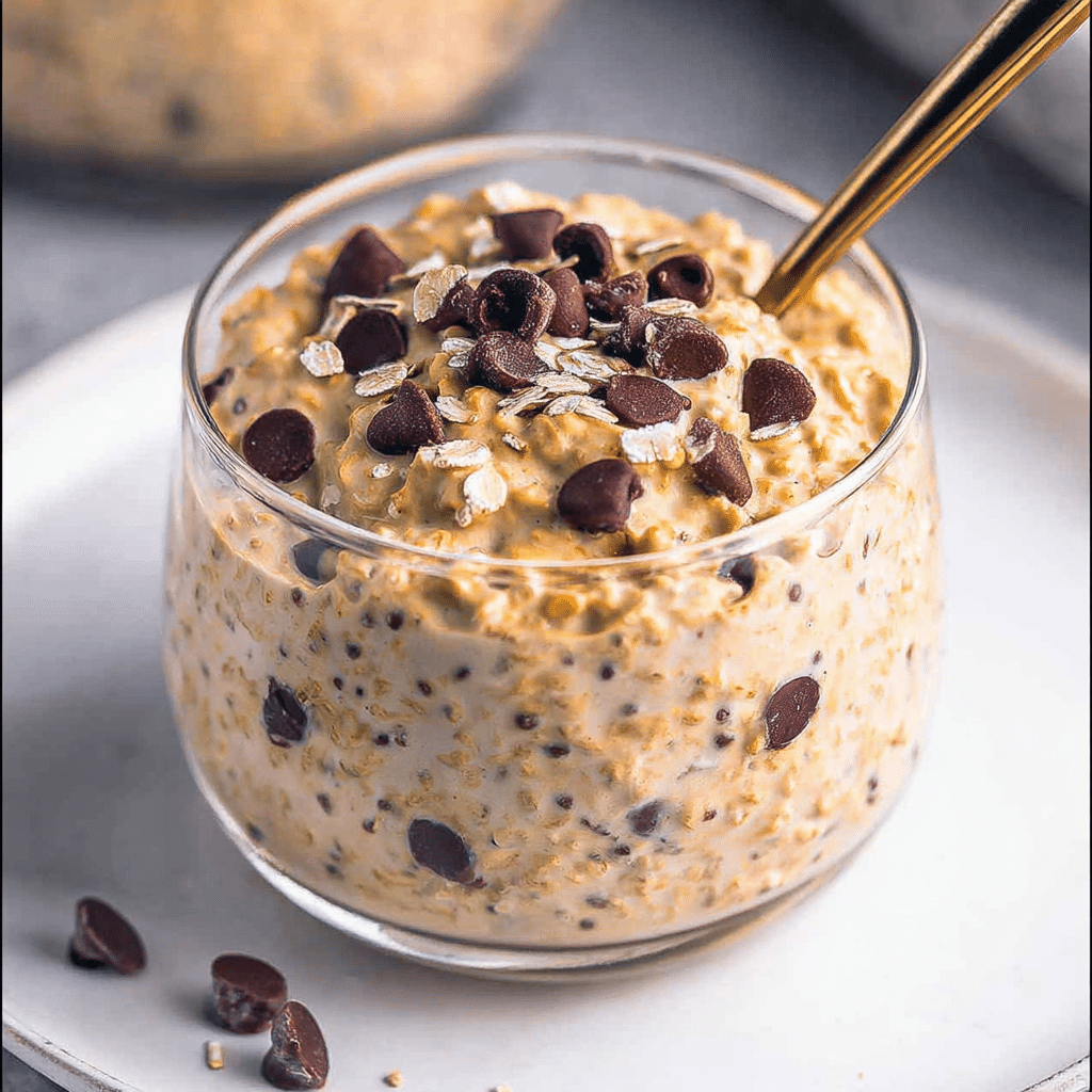 Creamy cookie dough overnight oats protein topped with chocolate chips
