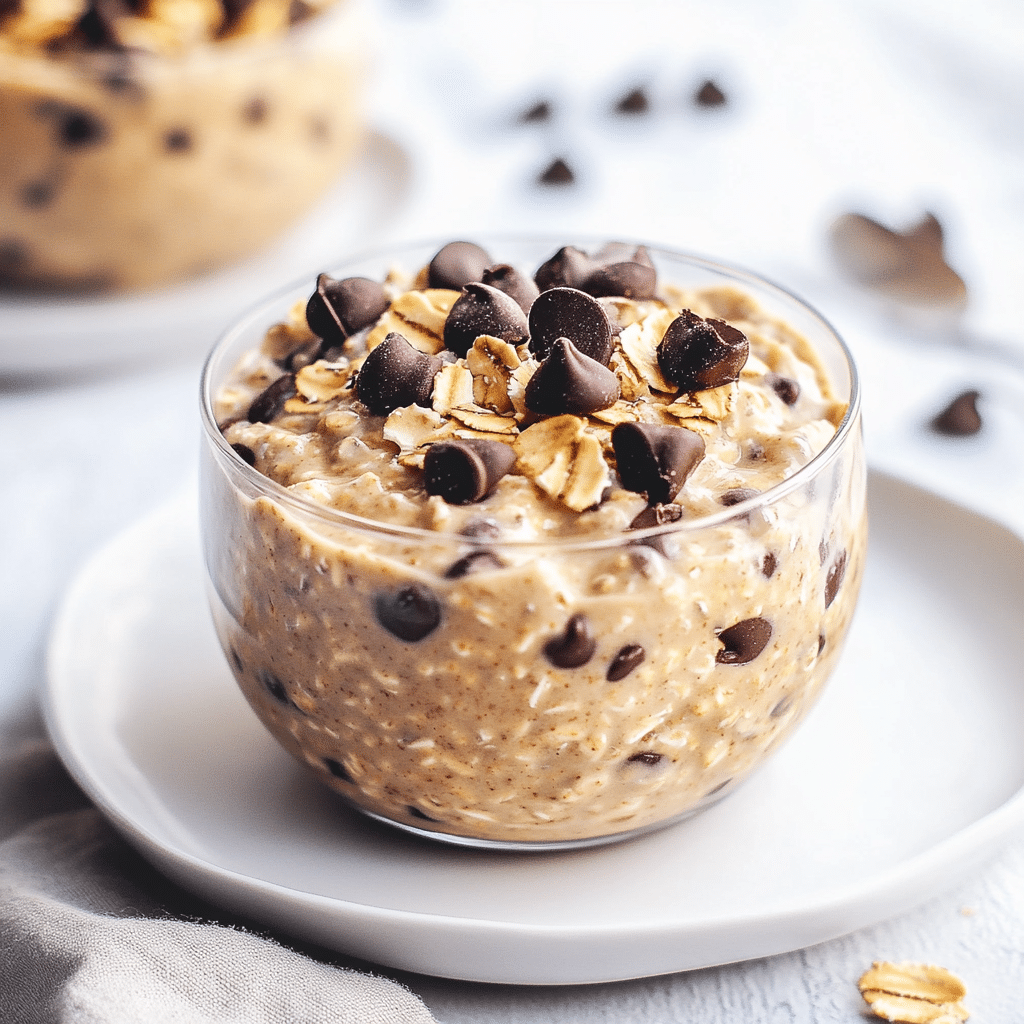 Cookie dough overnight oats no peanut butter in a jar topped with chocolate chips and oats