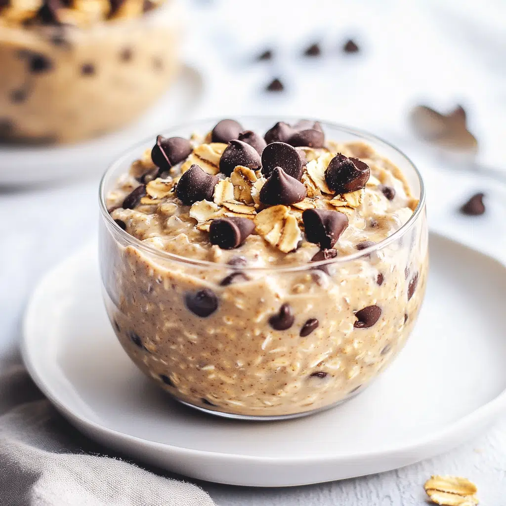 Cookie dough overnight oats no peanut butter in a jar topped with chocolate chips and oats