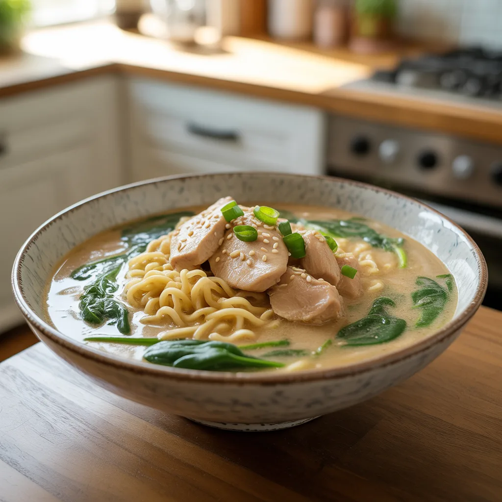 One-Pot Creamy Garlic Chicken Ramen with Spinach