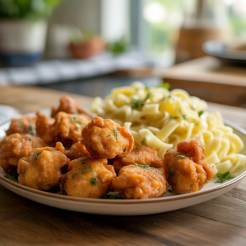 Crispy Garlic Chicken Bites with Buttered Noodles