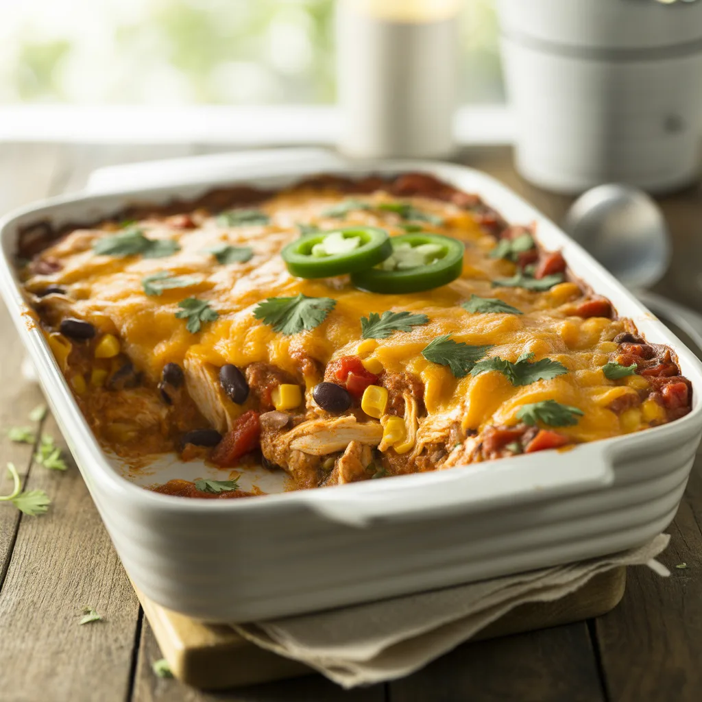 My Family’s Favorite Cheesy Chili Chicken Tortilla Bake