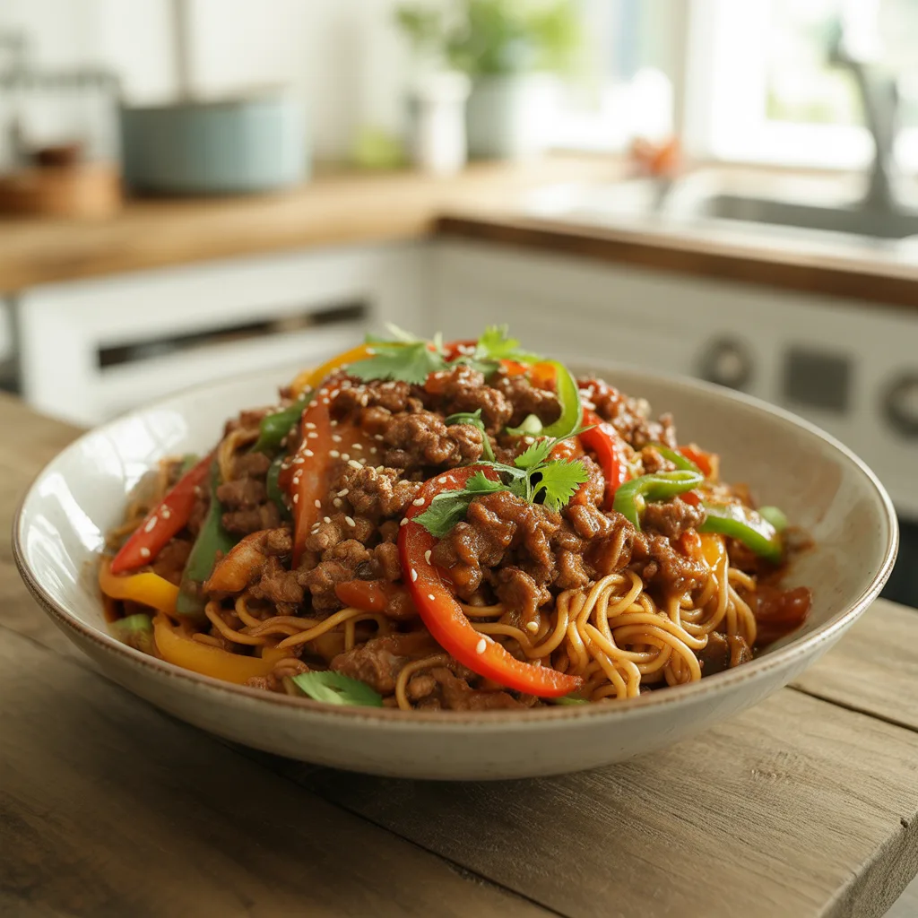 Sweet & Spicy Ground Beef Noodle Stir Fry