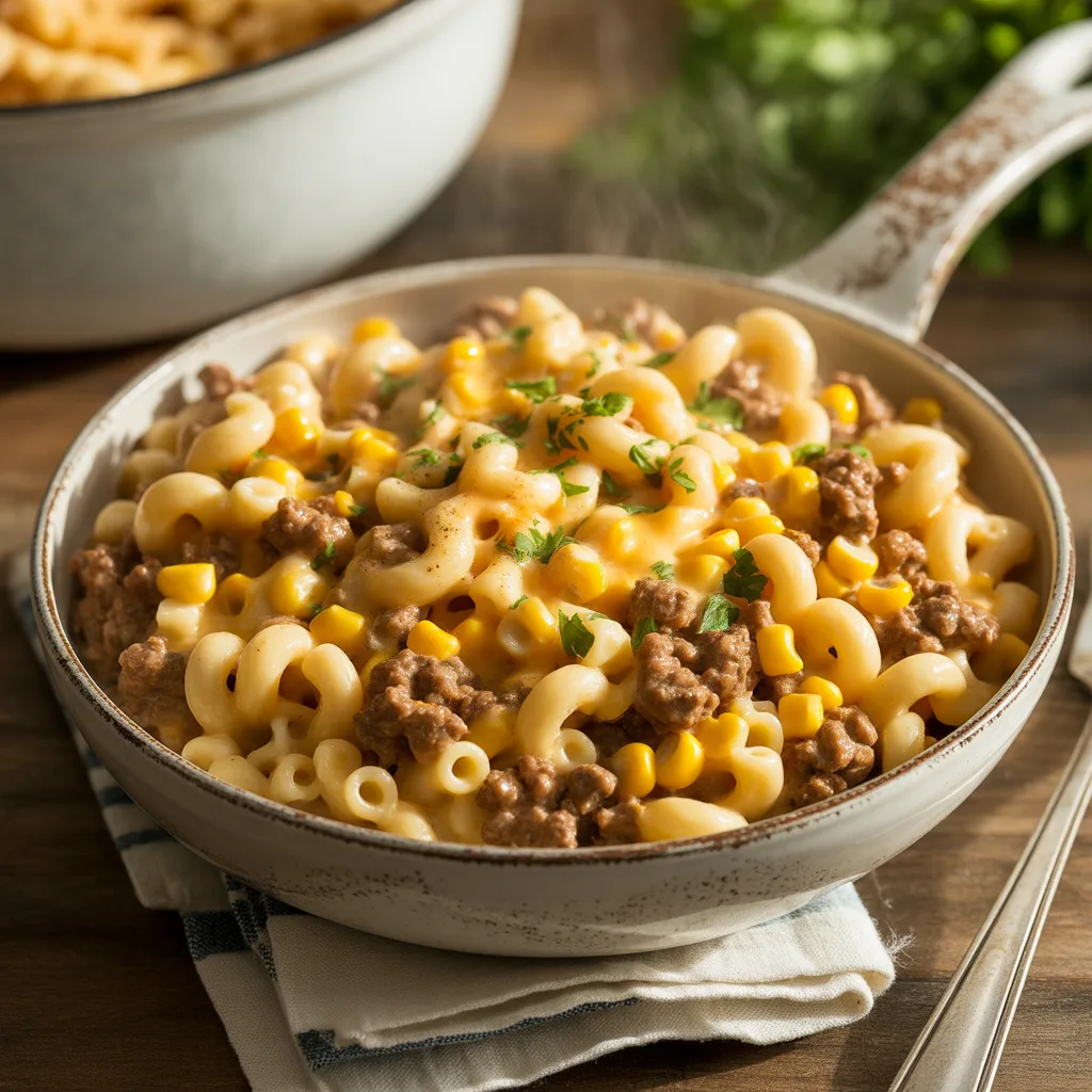 Cheesy Beef and Sweet Corn Skilla Pasta Your Family Will Love